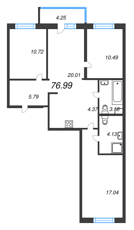 4-комнатная (Евро) квартира, 76.99 м² в ЖК "Окла" - планировка, фото №1