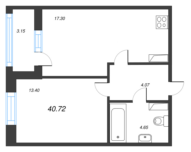 2-комнатная (Евро) квартира, 40.78 м² в ЖК "Аквилон Leaves" - планировка, фото №1