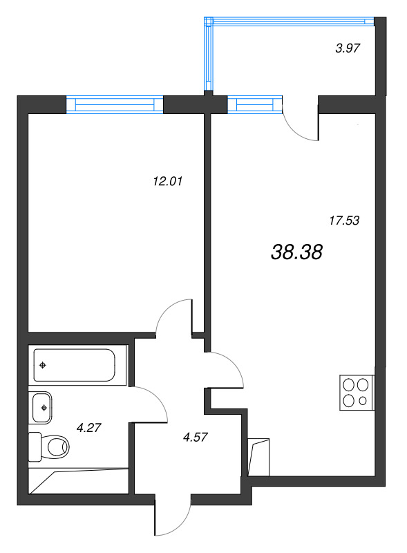 2-комнатная (Евро) квартира, 38.38 м² в ЖК "Ясно.Янино" - планировка, фото №1