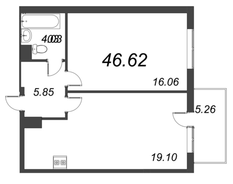 2-комнатная (Евро) квартира, 46.62 м² в ЖК "Bereg. Курортный" - планировка, фото №1
