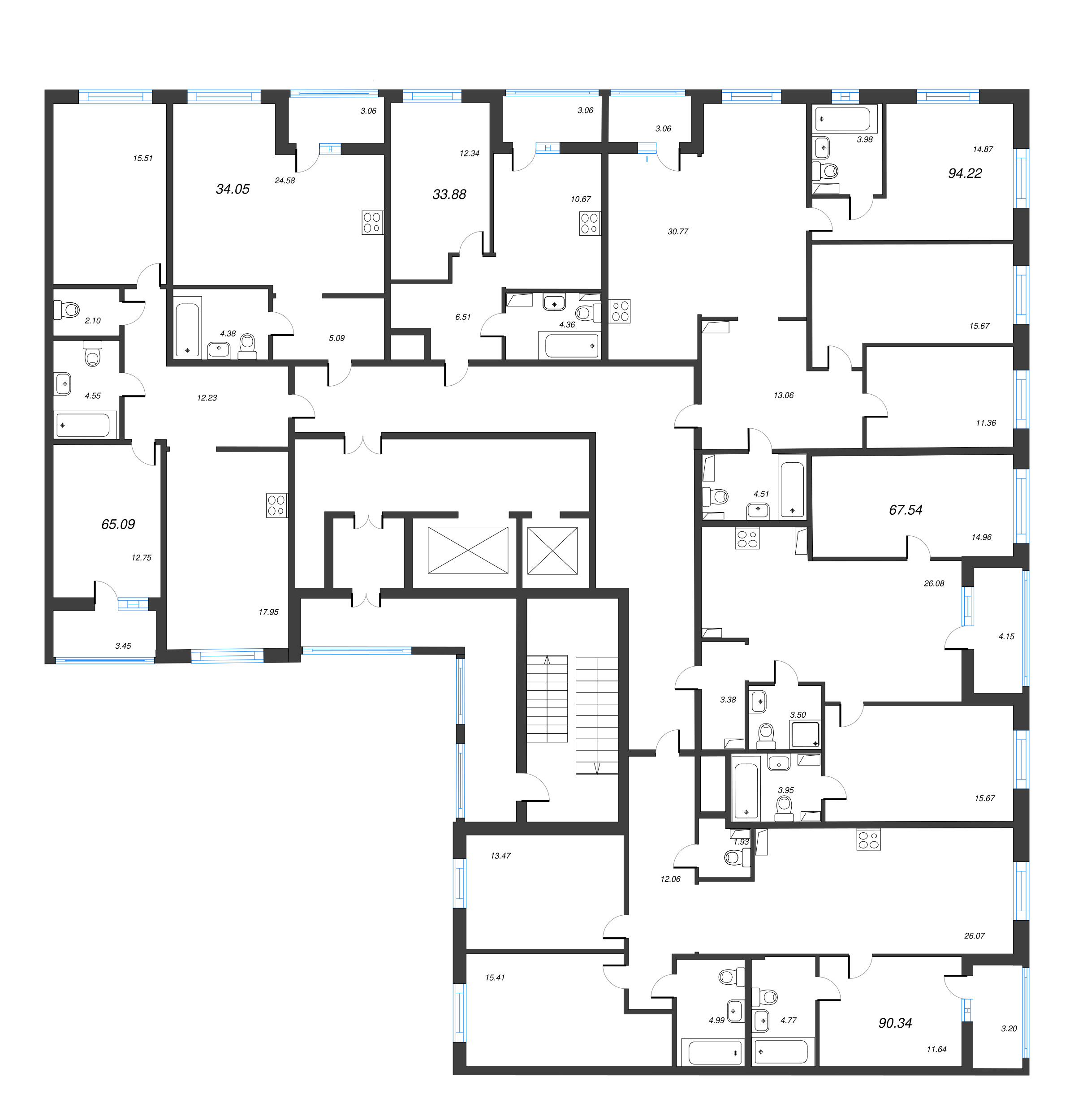 3-комнатная (Евро) квартира, 65.09 м² в ЖК "Чёрная речка" - планировка этажа