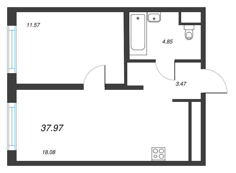 2-комнатная (Евро) квартира, 37.97 м² в ЖК "Легенда Васильевского" - планировка, фото №1