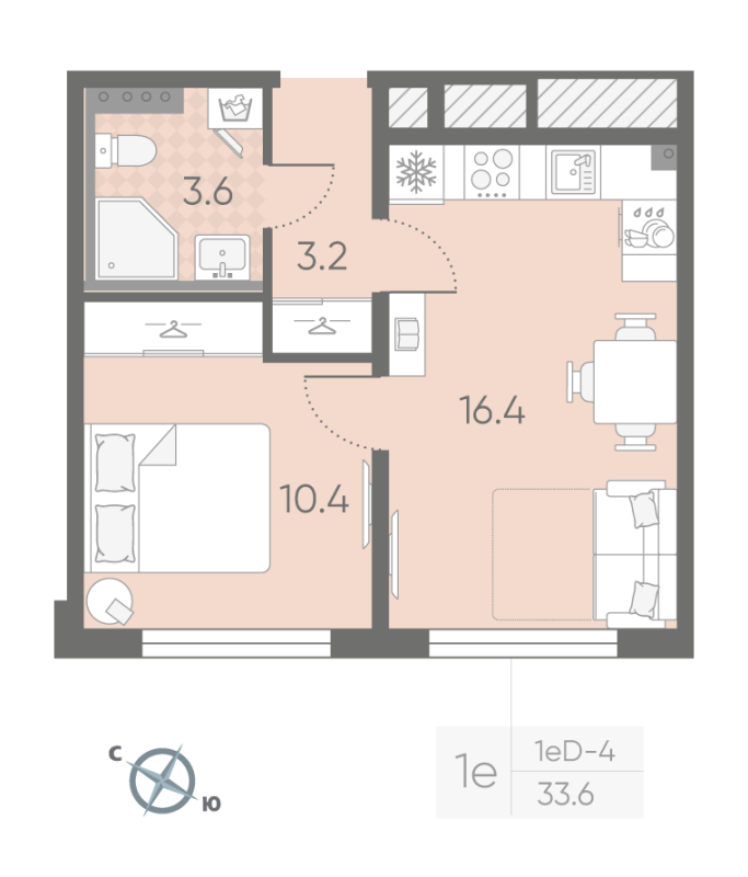 2-комнатная (Евро) квартира, 33.6 м² в ЖК "Пулково Lake" - планировка, фото №1