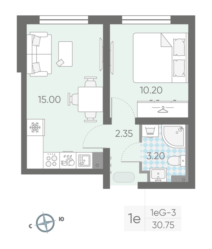 2-комнатная (Евро) квартира, 30.75 м² - планировка, фото №1