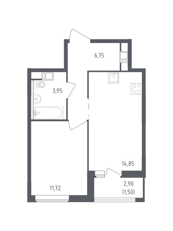 1-комнатная квартира, 38.77 м² - планировка, фото №1