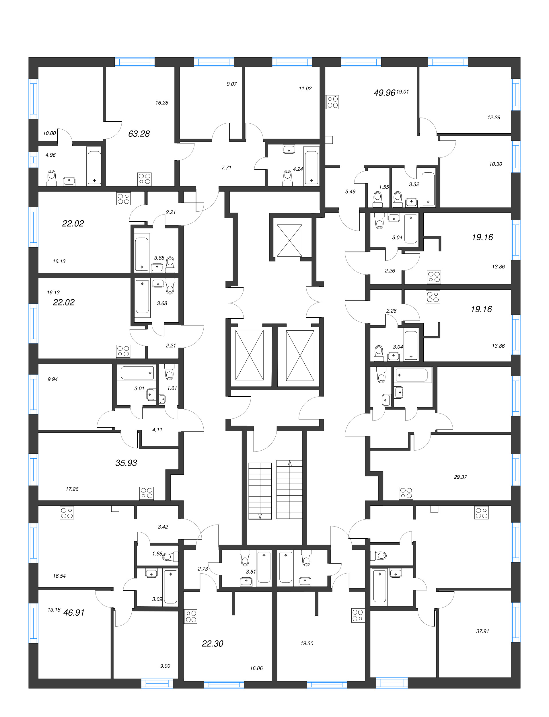 4-комнатная (Евро) квартира, 63.28 м² - планировка этажа