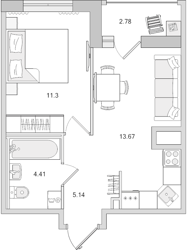 2-комнатная (Евро) квартира, 37.3 м² в ЖК "Город Первых" - планировка, фото №1