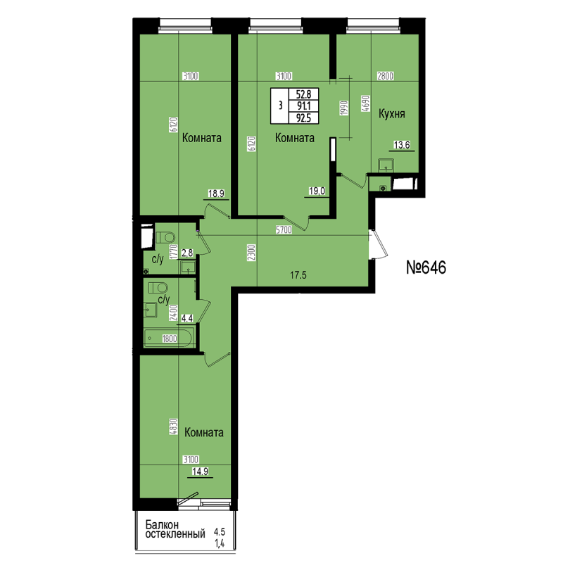 3-комнатная квартира, 92.5 м² в ЖК "ПРАГМА СИТИ" - планировка, фото №1