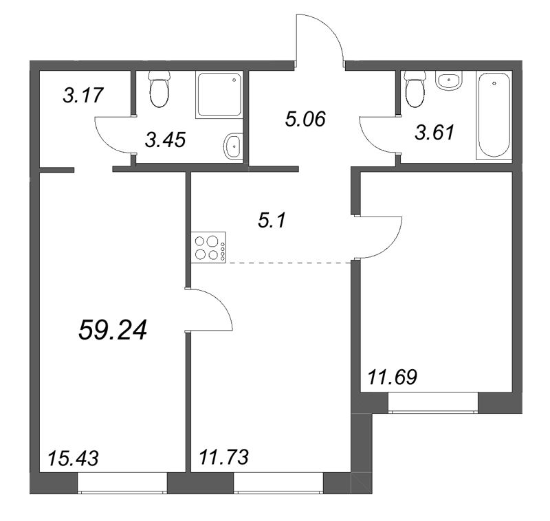 3-комнатная (Евро) квартира, 59.24 м² в ЖК "Тишин" - планировка, фото №1