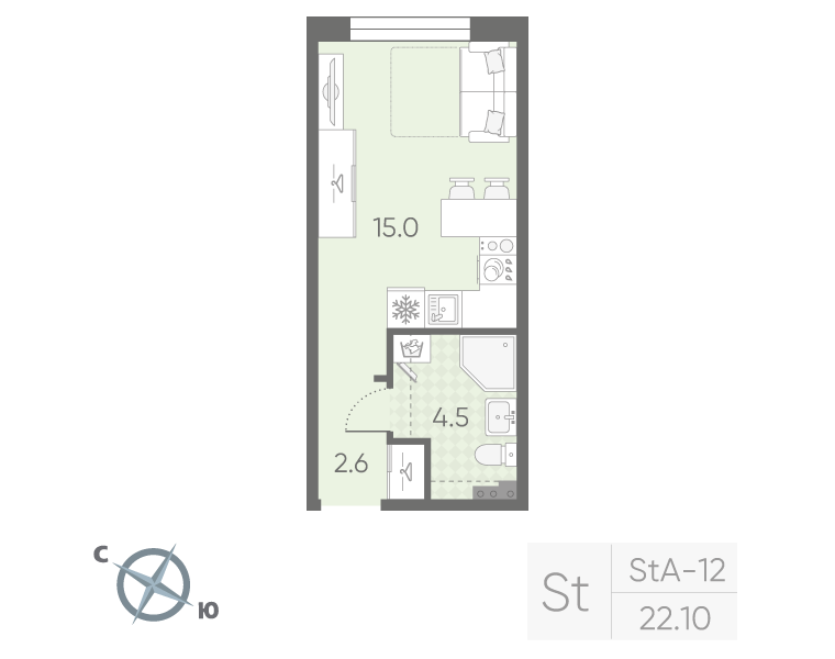 Квартира-студия, 22.1 м² в ЖК "Пулково Lake" - планировка, фото №1