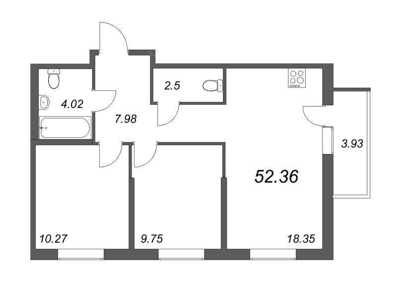3-комнатная (Евро) квартира, 52.36 м² - планировка, фото №1