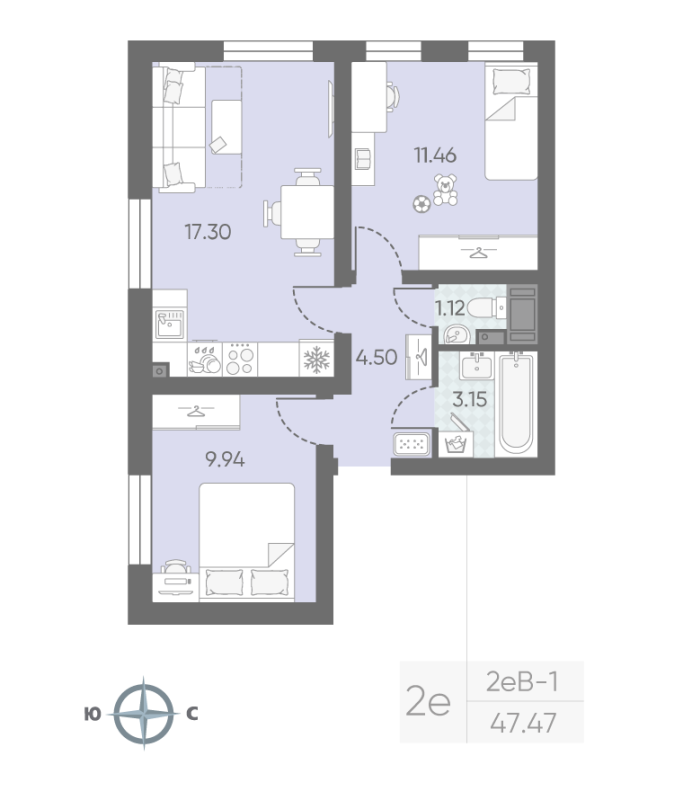 2-комнатная (Евро) квартира, 47.54 м² в ЖК "Морская миля" - планировка, фото №1