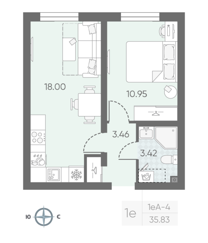 1-комнатная квартира, 35.83 м² в ЖК "Морская миля" - планировка, фото №1