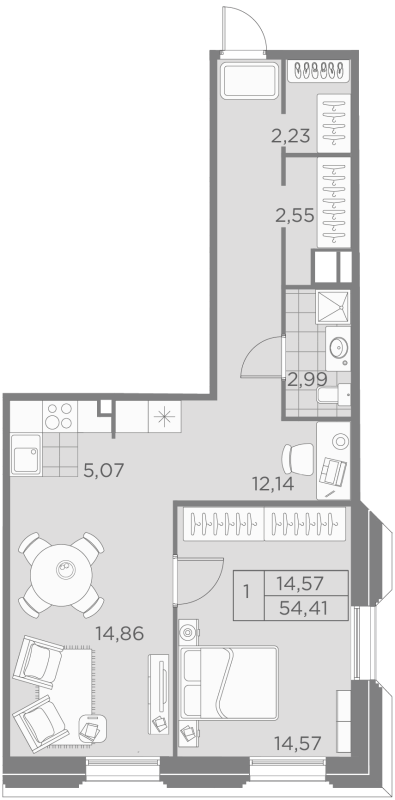 2-комнатная (Евро) квартира, 54.41 м² - планировка, фото №1