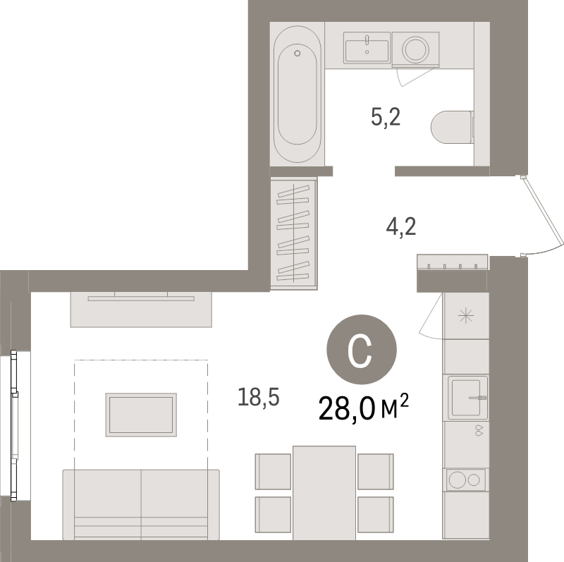 Квартира-студия, 28 м² в ЖК "Брусника в Новоселье" - планировка, фото №1