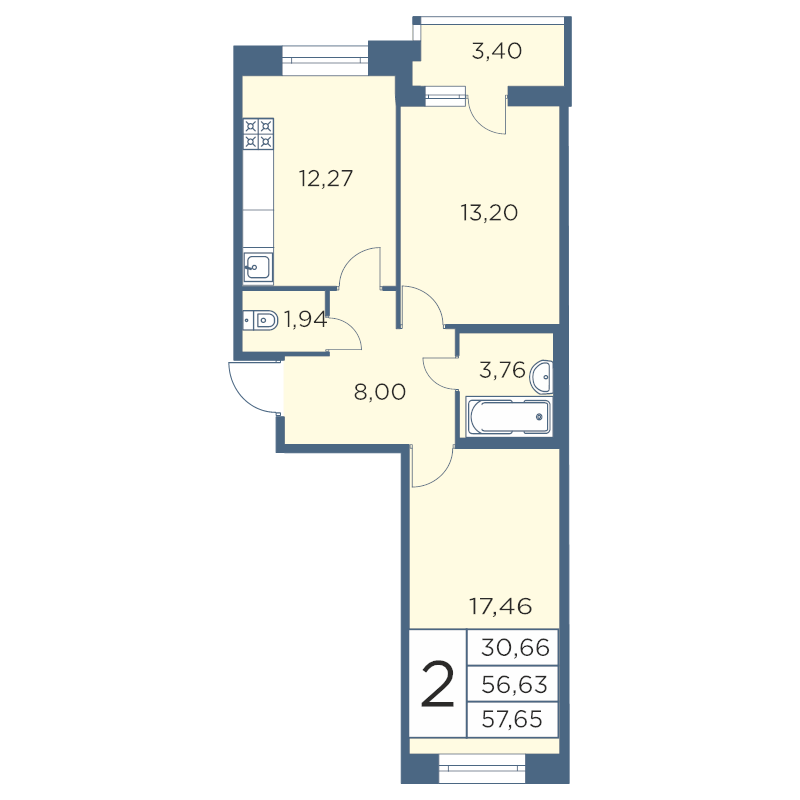 2-комнатная квартира, 57.29 м² - планировка, фото №1