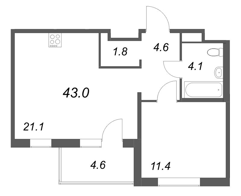 2-комнатная (Евро) квартира, 43 м² в ЖК "Передвижники" - планировка, фото №1