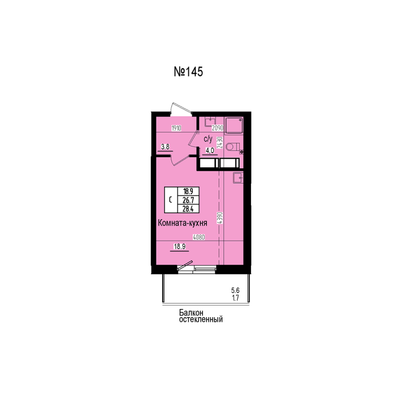 Квартира-студия, 28.4 м² в ЖК "ПРАГМА СИТИ" - планировка, фото №1