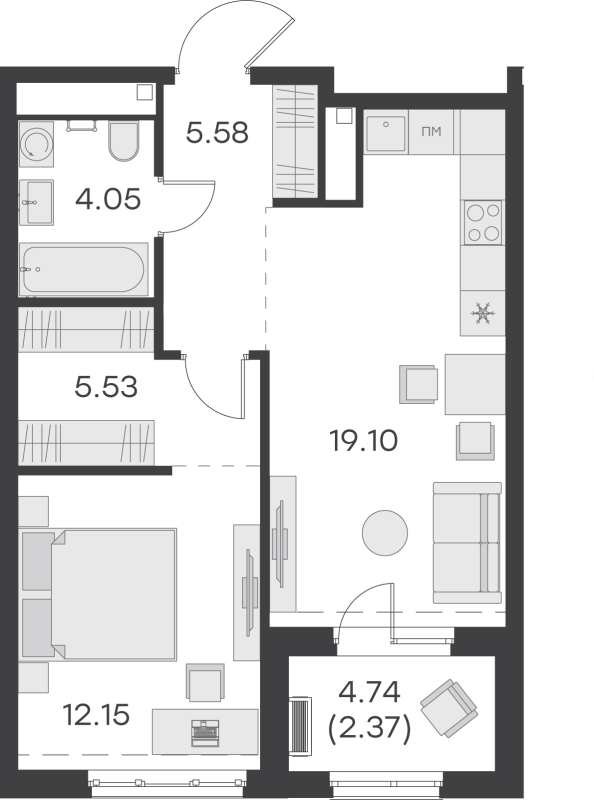 2-комнатная (Евро) квартира, 48.78 м² - планировка, фото №1