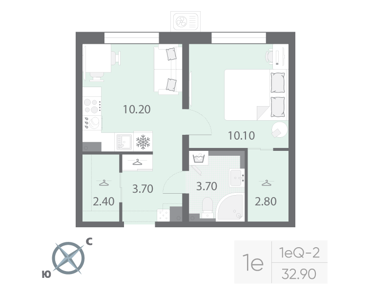 1-комнатная квартира, 32.9 м² в ЖК "Зеркальный ручей" - планировка, фото №1