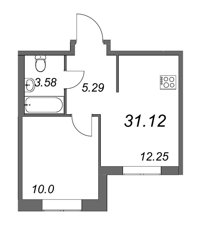 1-комнатная квартира, 31.12 м² - планировка, фото №1