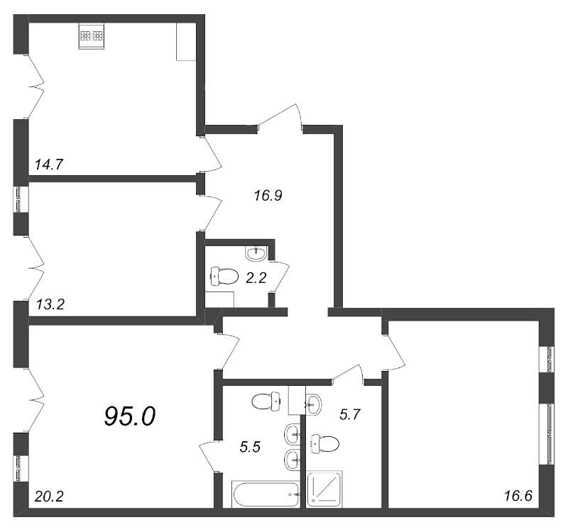 3-комнатная квартира, 95 м² в ЖК "Domino Premium" - планировка, фото №1