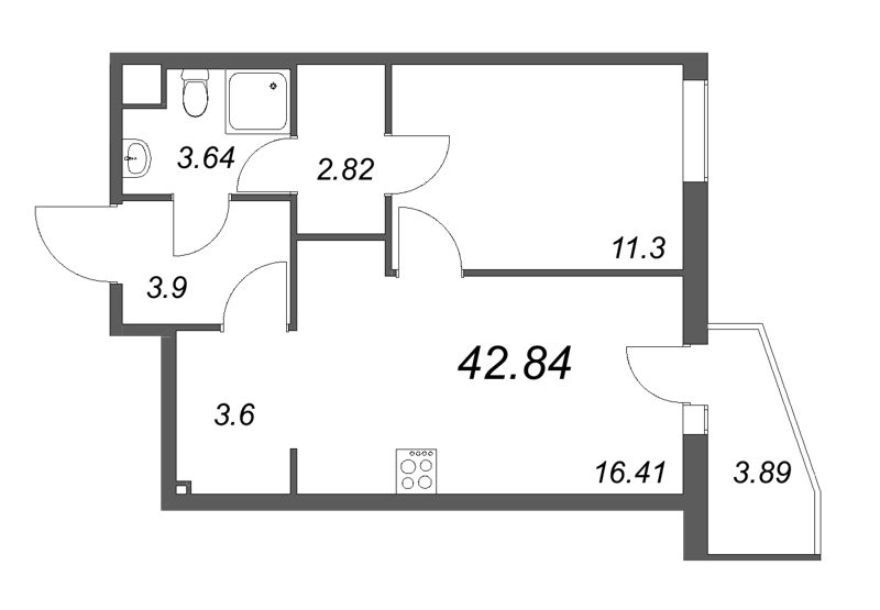 1-комнатная квартира, 42.7 м² - планировка, фото №1