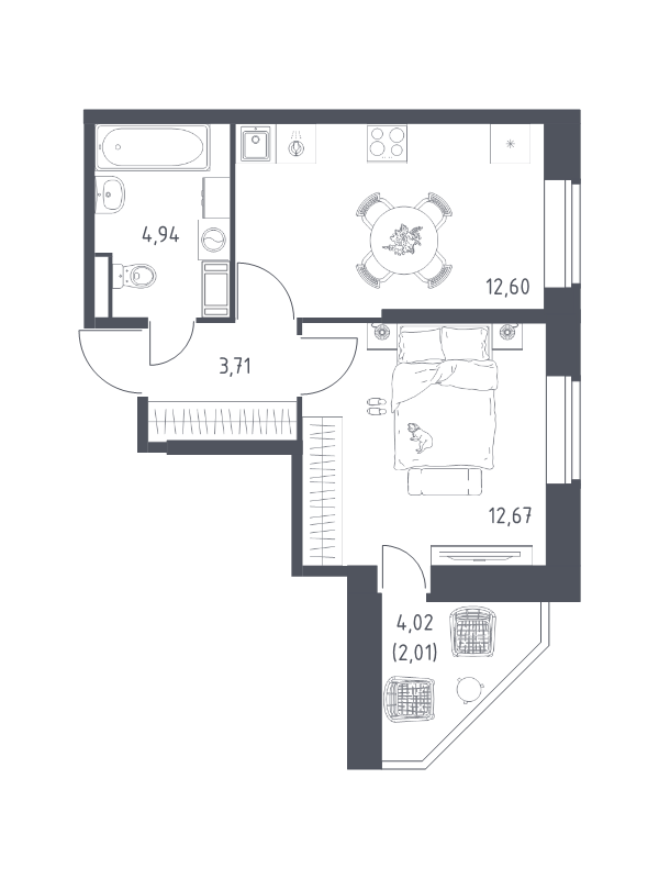 1-комнатная квартира, 35.93 м² в ЖК "Живи! В Рыбацком" - планировка, фото №1