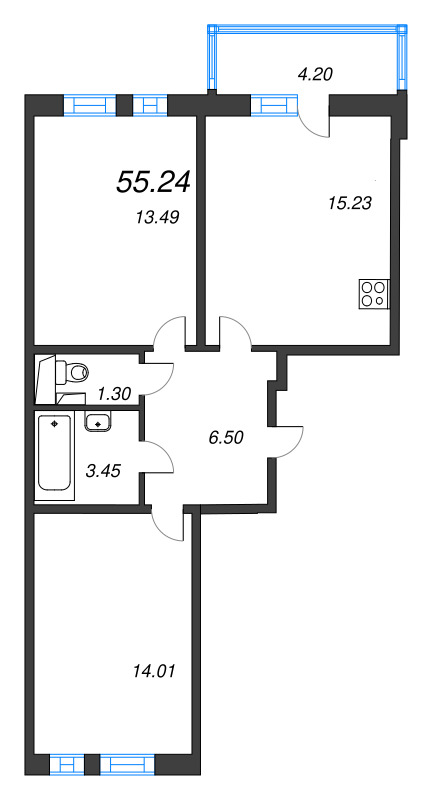 3-комнатная (Евро) квартира, 55.24 м² в ЖК "AEROCITY" - планировка, фото №1