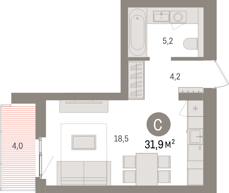 Квартира-студия, 31.9 м² - планировка, фото №1