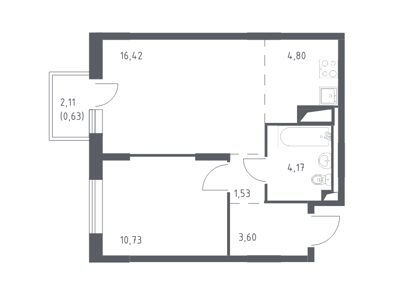 2-комнатная (Евро) квартира, 41.88 м² в ЖК "Квартал Лаголово" - планировка, фото №1
