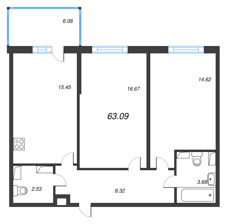 3-комнатная (Евро) квартира, 63.09 м² - планировка, фото №1