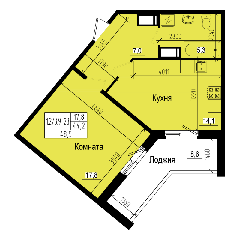 1-комнатная квартира, 48.5 м² - планировка, фото №1