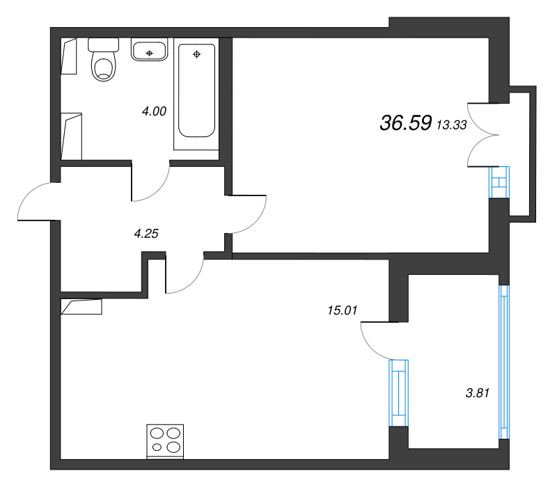 2-комнатная (Евро) квартира, 36.59 м² в ЖК "Любоград" - планировка, фото №1