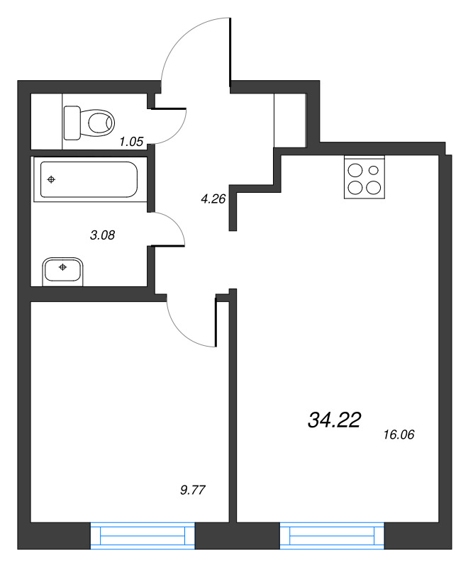 2-комнатная (Евро) квартира, 34.22 м² - планировка, фото №1