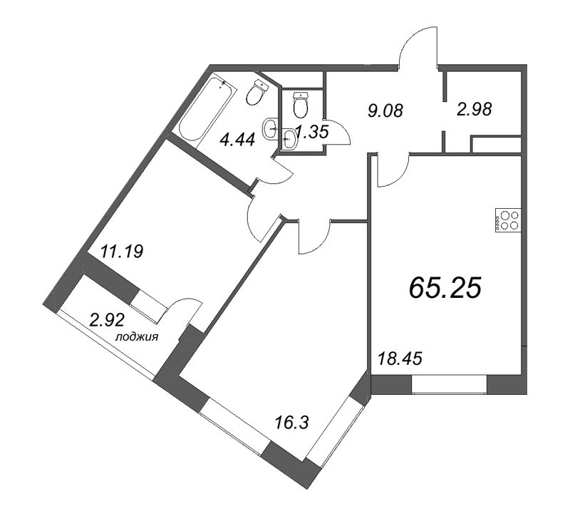 3-комнатная (Евро) квартира, 65.25 м² - планировка, фото №1