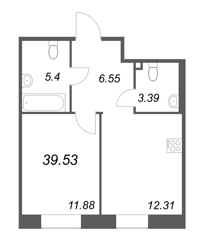 1-комнатная квартира, 39.53 м² - планировка, фото №1