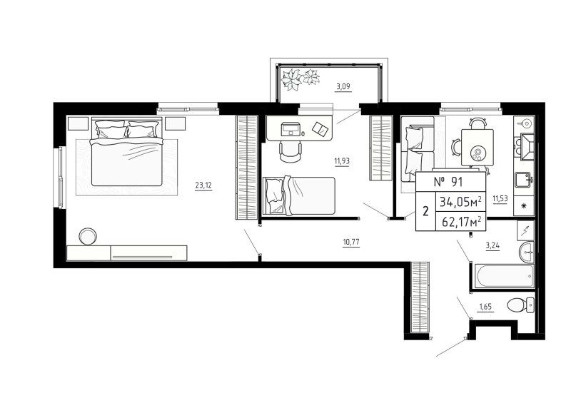 2-комнатная квартира, 62.17 м² в ЖК "Аннино Сити" - планировка, фото №1