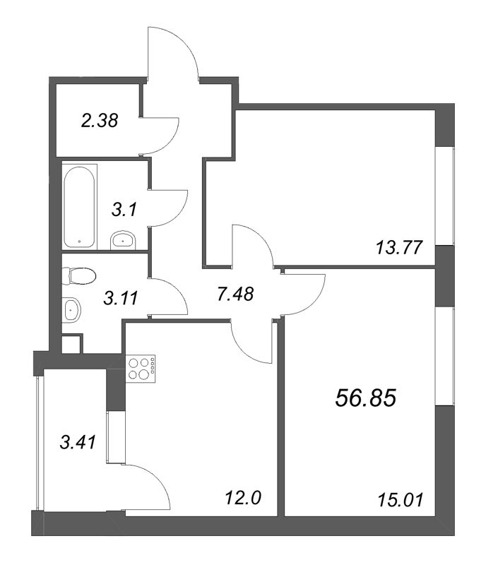 2-комнатная квартира, 56.85 м² в ЖК "Дом на Курской" - планировка, фото №1