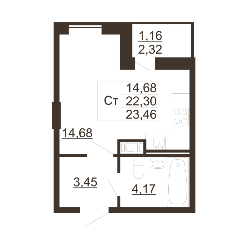 Квартира-студия, 23.46 м² - планировка, фото №1