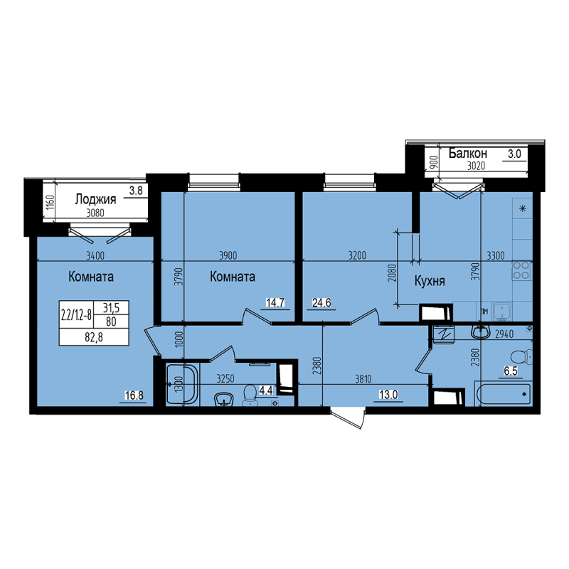 3-комнатная (Евро) квартира, 82.8 м² - планировка, фото №1