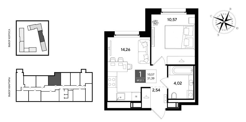 1-комнатная квартира, 31.39 м² в ЖК "Догма Юкки 2" - планировка, фото №1