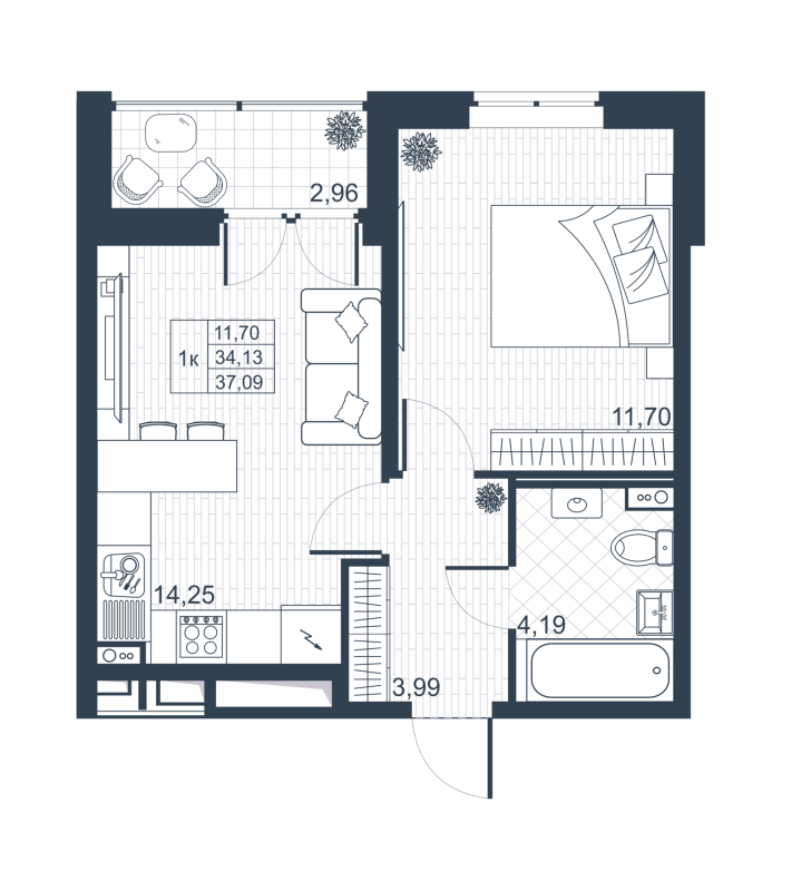 1-комнатная квартира, 35.61 м² в ЖК "Ново-Антропшино" - планировка, фото №1