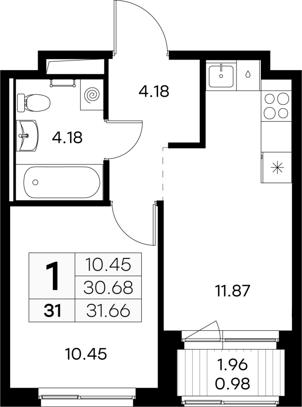 1-комнатная квартира, 31.66 м² в ЖК "GloraX Новоселье" - планировка, фото №1