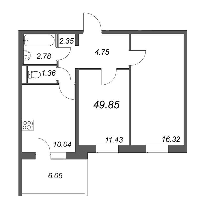2-комнатная квартира, 48.03 м² - планировка, фото №1