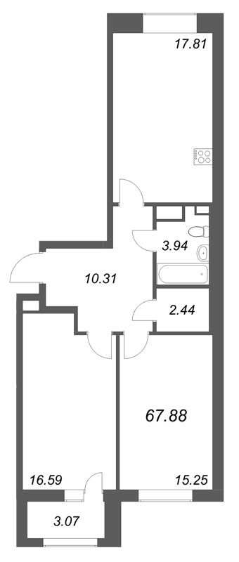 3-комнатная (Евро) квартира, 67.88 м² в ЖК "Аквилон Солар" - планировка, фото №1