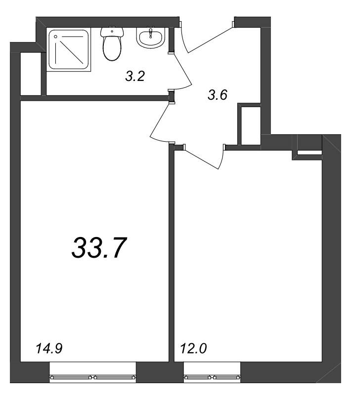 1-комнатная квартира, 33.2 м² - планировка, фото №1