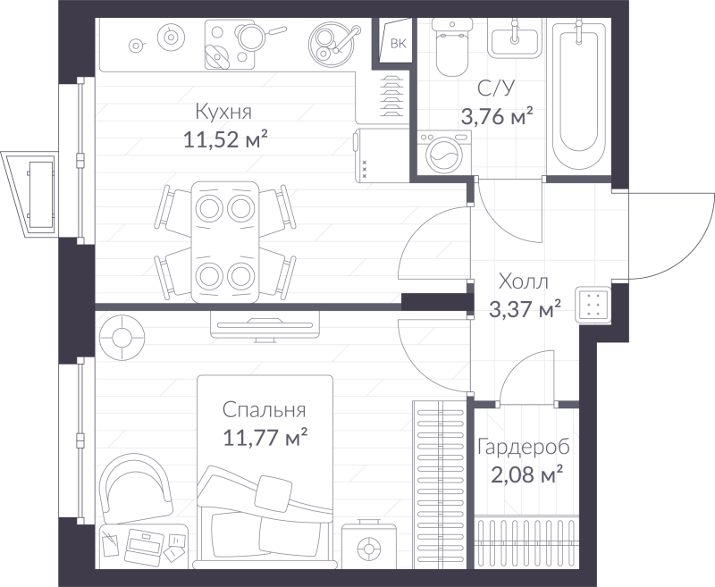 1-комнатная квартира, 32.5 м² - планировка, фото №1