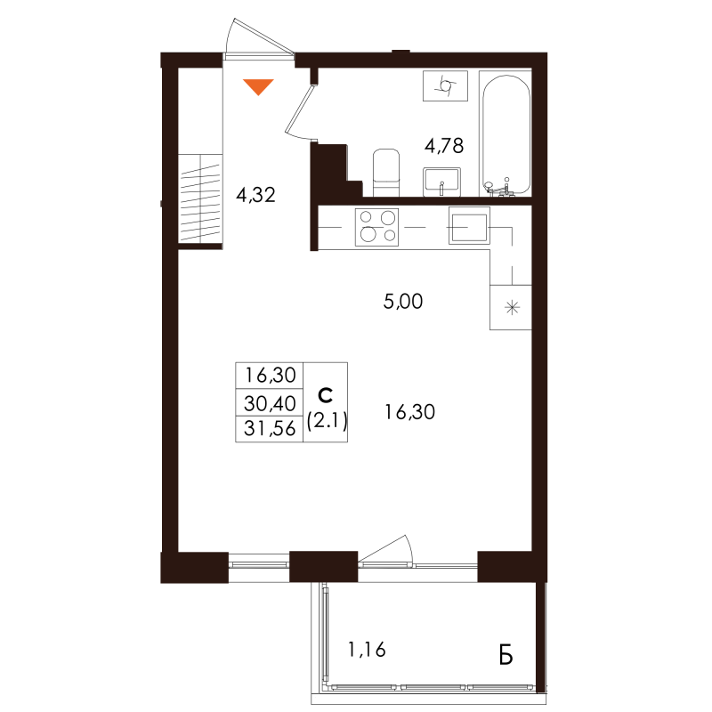 Квартира-студия, 31.56 м² в ЖК "Лисино" - планировка, фото №1