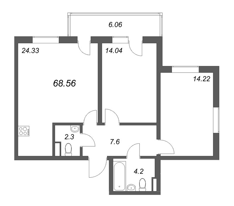 3-комнатная (Евро) квартира, 68.56 м² - планировка, фото №1